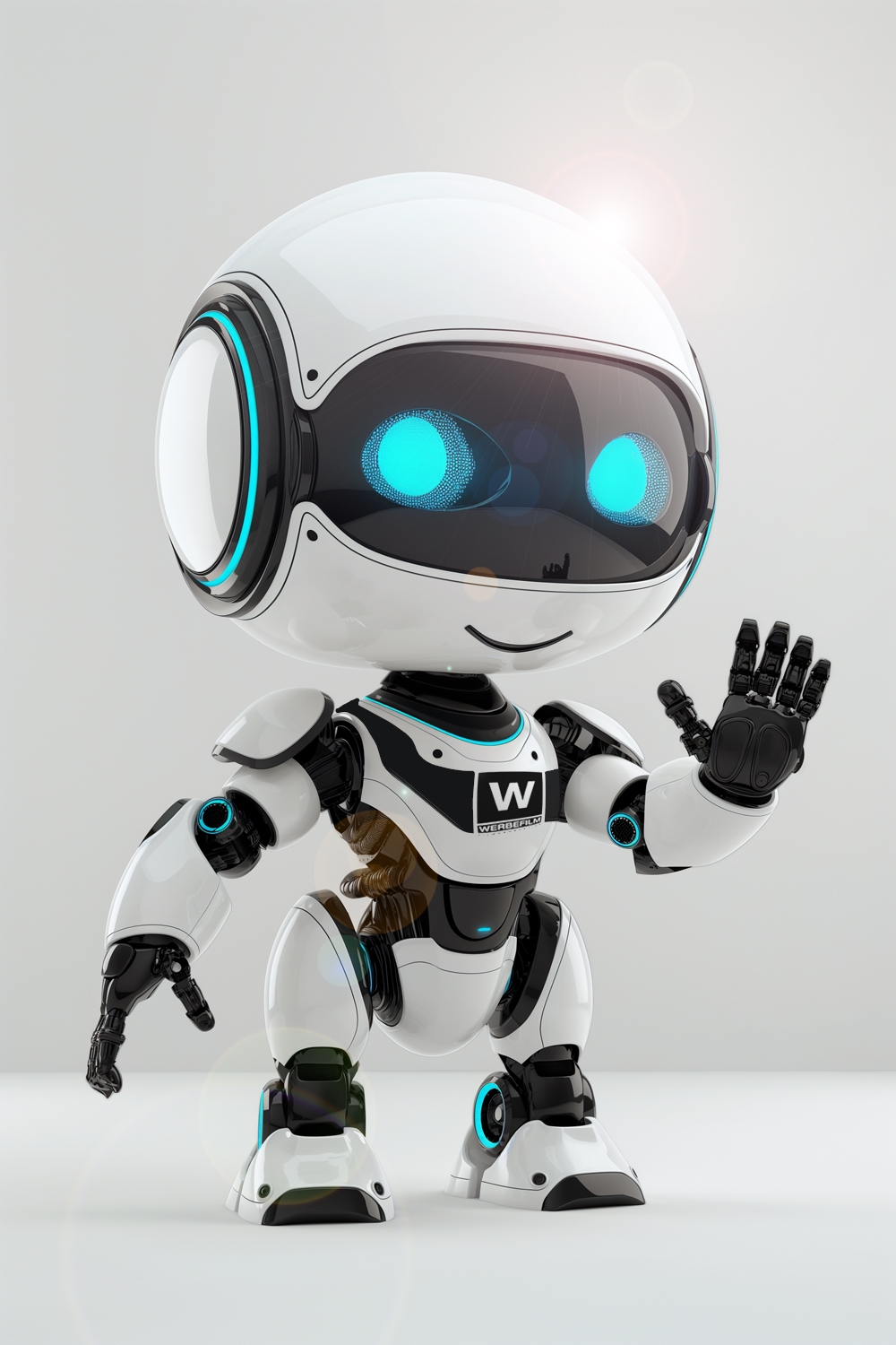 Roboter, blaue Augen, winkend, nett, freundlich, Rendering