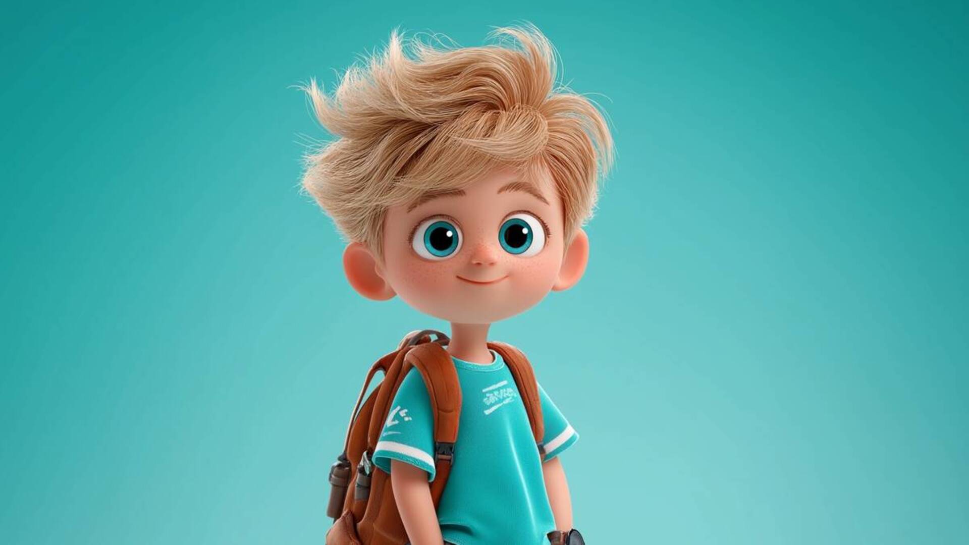 Junge, blonde Haare, Rucksack, glücklich