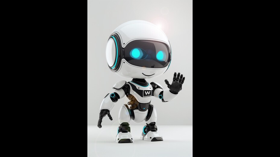 Roboter, winkt zu, glücklich, WF Logo
