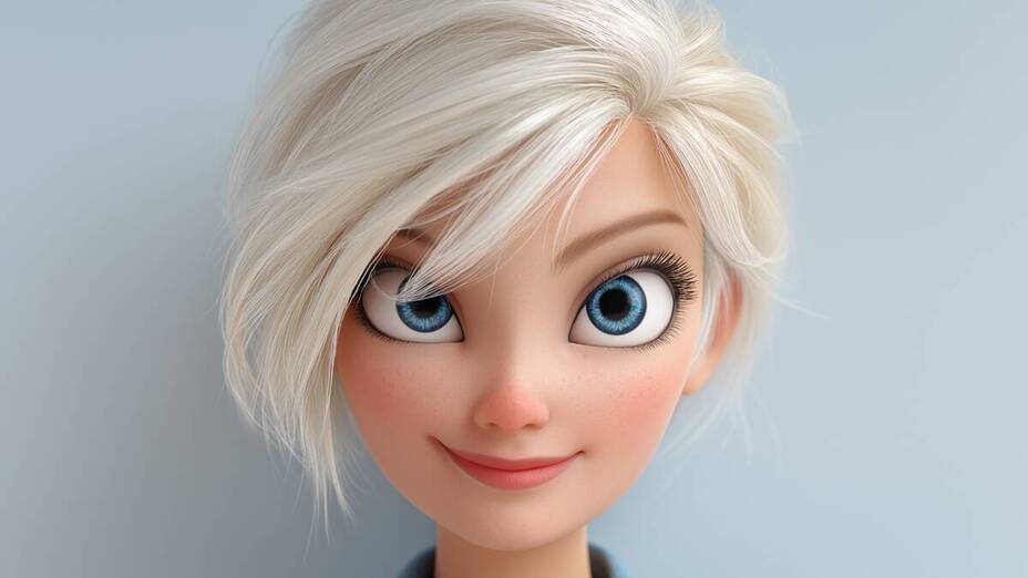 Frau, helle Haare, blaue Augen, selbstbewusst